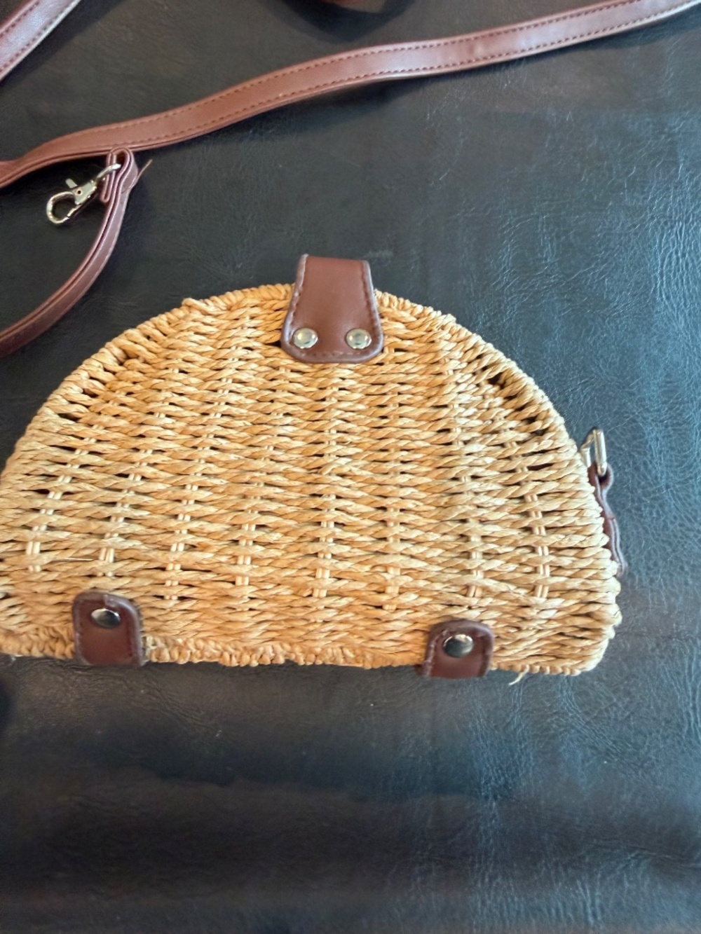 White House Black Market Tan Wicker Clutch Purse with Leather Brown Strap - Picture 3 of 5